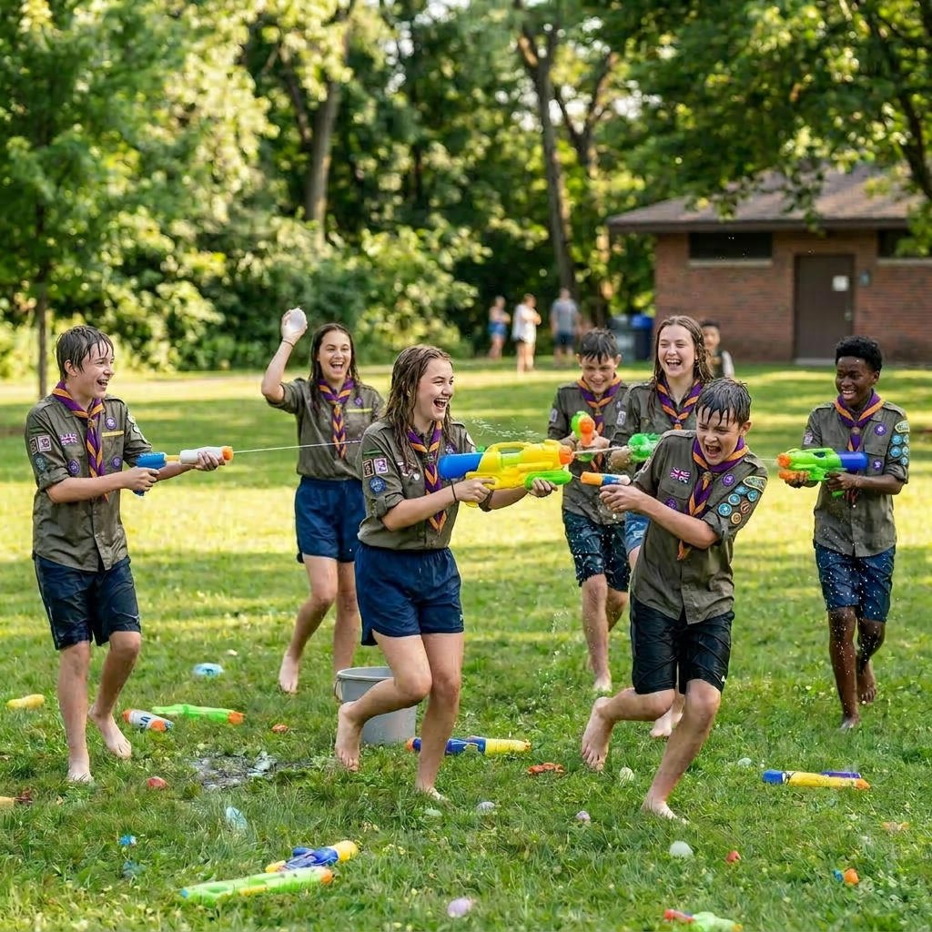 Children having fun playing with water guns on grass during a sunny day